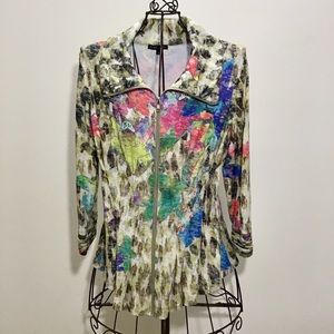 Boho Chic | Colorful Flower Print Zip-up Top L